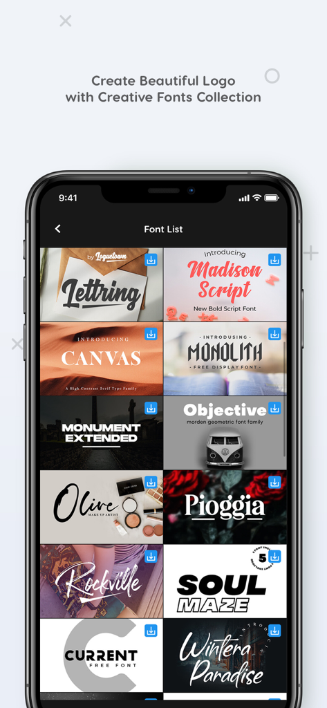 Logo Maker - logo design - A mobile screen showing a variety of creative font styles for logo design