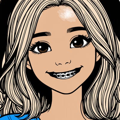 a girl with braces smiling with freckles realistic