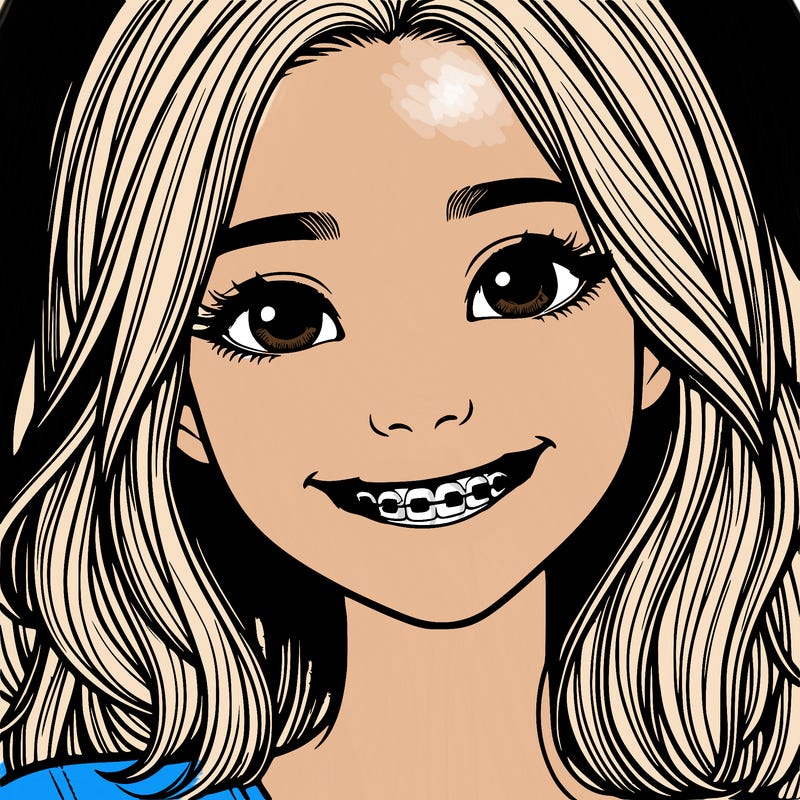 a girl with braces smiling with freckles realistic