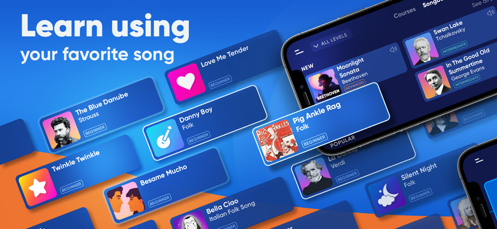 Piano Way - Learn to Play - Interface of Piano Way app showing a variety of songs for different skill levels