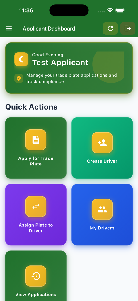 DVLA Ghana - Applicant dashboard of the DVLA Ghana app showing quick action buttons for trade plate management and driver assignment
