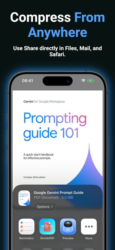 他のアプリから素早くファイル圧縮を行うための共有メニューに表示されるShrinkPDFアプリ拡張機能を示すiPhoneインターフェイス