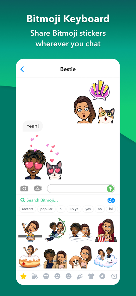 Interface do teclado Bitmoji mostrando uma conversa de texto com adesivos de avatar de desenho animado personalizados e uma biblioteca de adesivos disponíveis.