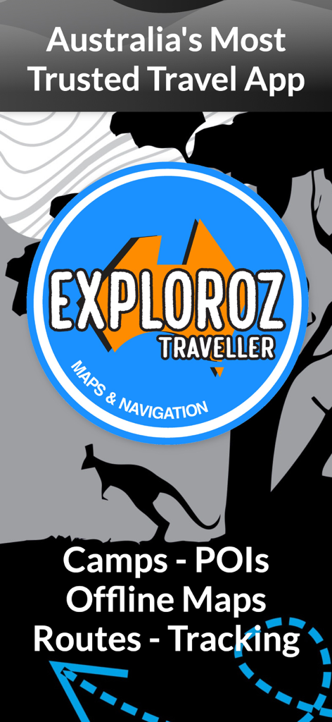ExplorOz Traveller - ExplorOz Traveller app splash screen showing offline maps and campsite navigation features for Australia