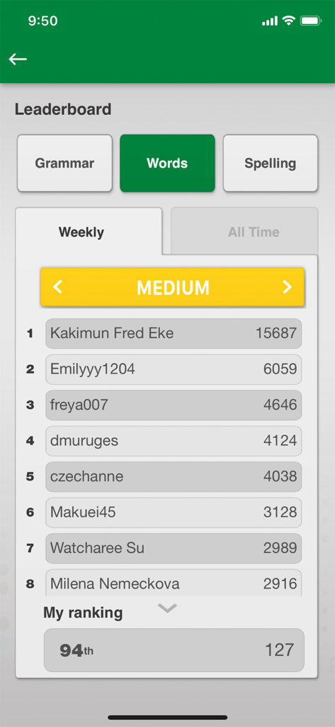 Johnny Grammar Word Challenge - Weekly leaderboard showing player rankings for the Words category in the Johnny Grammar Word Challenge app
