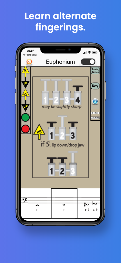 代替運指とチューニングのアドバイスのためのユーフォニアムバルブダイアグラムを示すスマートフォン画面