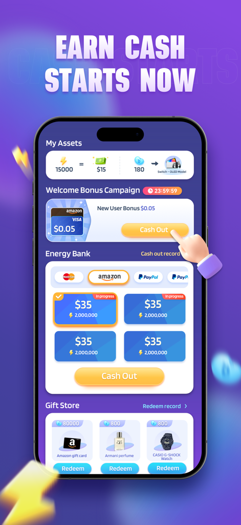 StepBucks: Step into health - Pantalla de la aplicación StepBucks mostrando recompensas como tarjetas de regalo de Amazon y premios por pasos