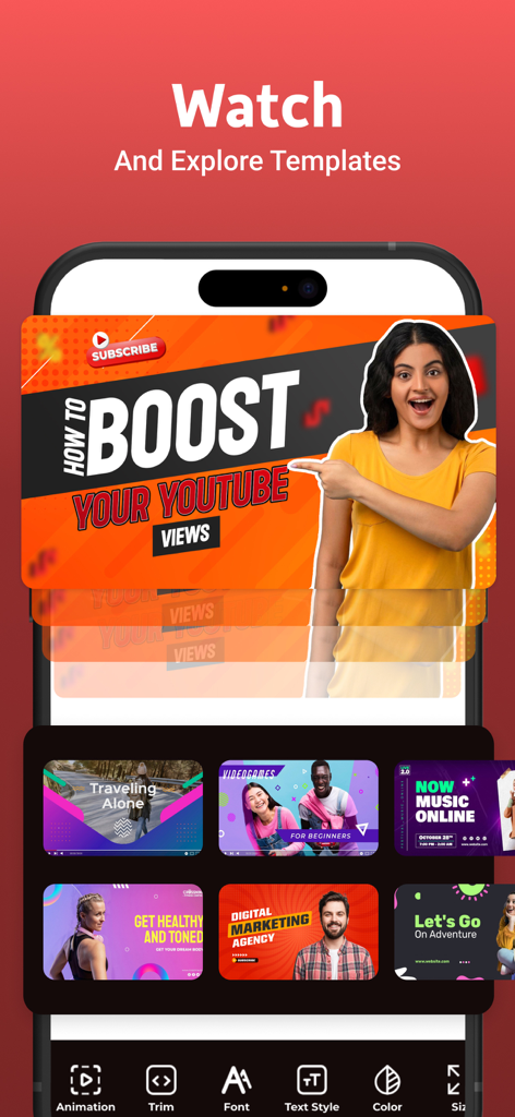 Mobile App-Oberfläche mit verschiedenen Video-Intro-Vorlagen für YouTube-Creators