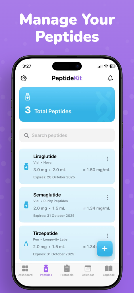PeptideKit app interface displaying a list of tracked peptides including Liraglutide Semaglutide and Tirzepatide with dosage details