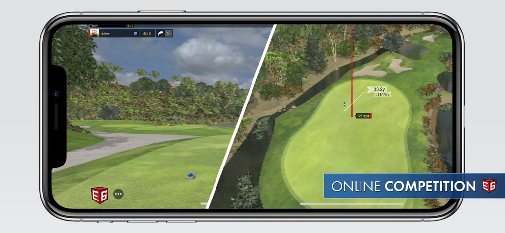 E6 CONNECT golf simulator app on a smartphone showing split-screen gameplay during an online competition