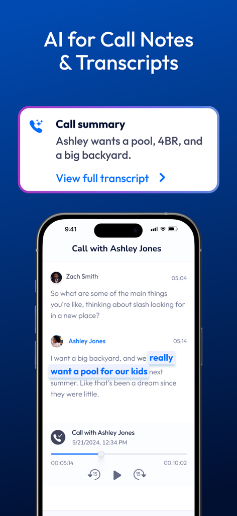 Linq—Meet, Manage, Close - Interfaz de la aplicación Linq que muestra un resumen de llamada generado por IA y una transcripción para profesionales de ventas.