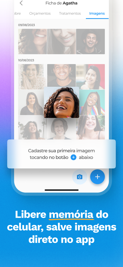 Simples Dental - Agenda Odonto - Interfaz de la aplicación móvil que muestra una galería de sonrisas y fotos clínicas de pacientes para la gestión de la clínica dental