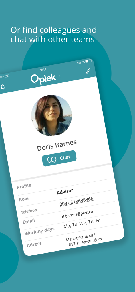User profile page in the Plek app showing contact information and a chat button to connect with colleagues.