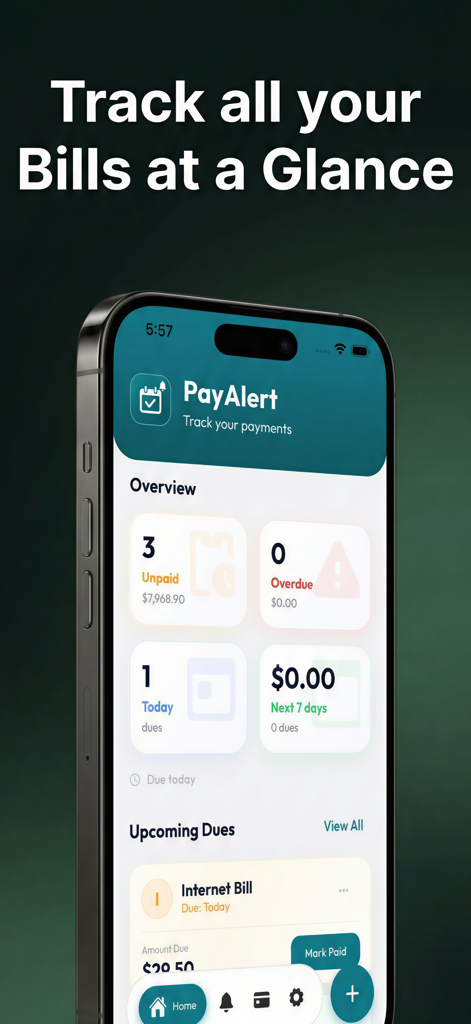 Pay Alert: Bill & Loan Tracker - Pay Alert app dashboard on an iPhone showing a summary of unpaid and upcoming bills
