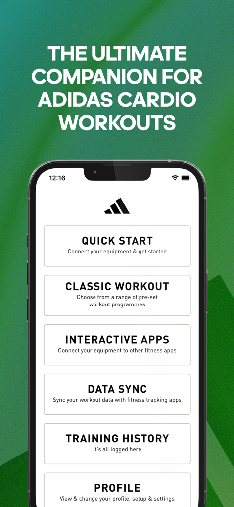 adidas Console+ - Hauptmenü der adidas Console plus App auf einem Smartphone mit Optionen zur Trainings- und Datensynchronisation