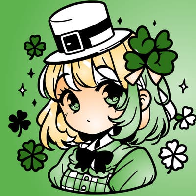 a manga-style girl with clovers around her, a little hat in her hair, like it's saint patrick's day