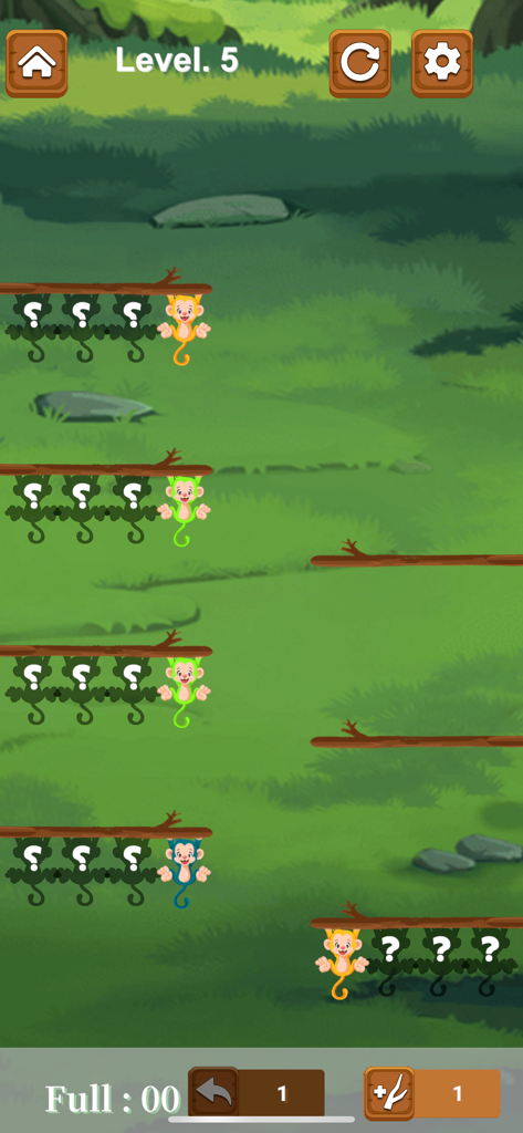 Capture d'écran de gameplay du jeu de puzzle de tri de couleurs Device Nest Monkey présentant des singes sur des branches