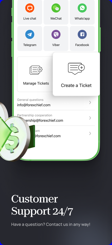 Pantalla de opciones de soporte al cliente de la aplicación móvil Broker xChief, incluyendo chat en vivo, Telegram y WhatsApp