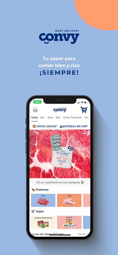 CONVY – Tu super de proteínas - CONVYアプリのホーム画面。新鮮な肉のカテゴリと配達プロモーションが表示されています。