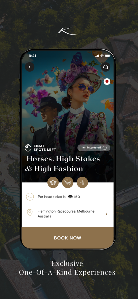 KARMA SUBITO - Karma Subito app screen for booking an exclusive luxury fashion and horse racing event