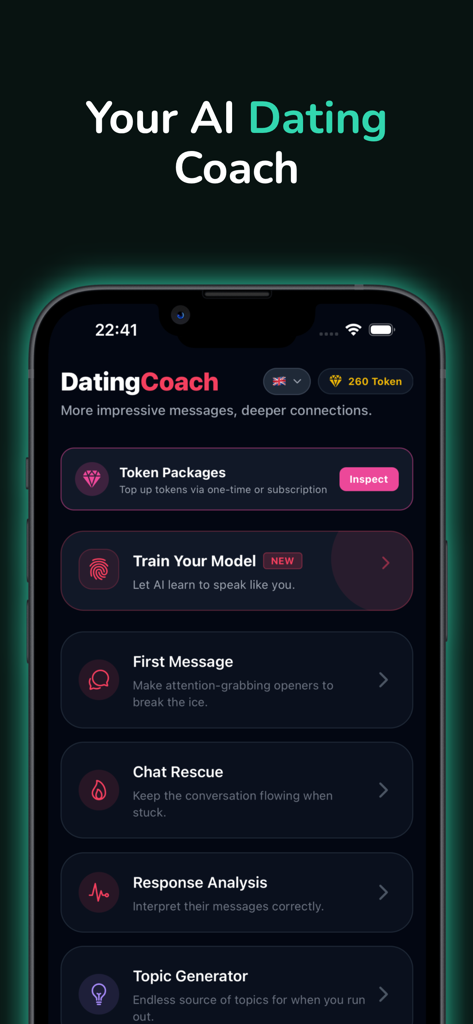 Rizz Dating AI-Flirt Coach - Rizz Dating AI app dashboard showing features like First Message generator, Chat Rescue, and Response Analysis