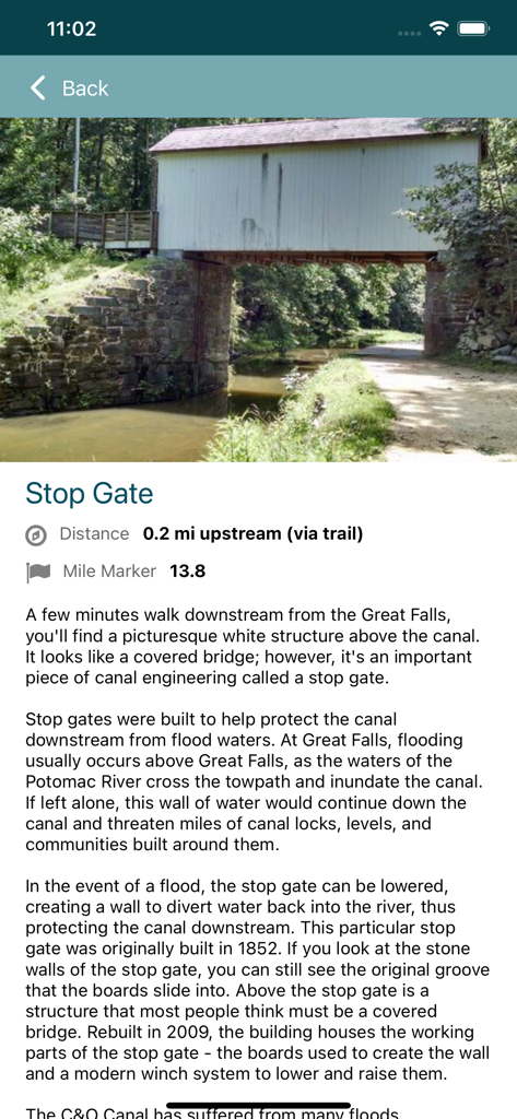 C&O Canal Explorer - Detail page in the CO Canal Explorer app showing the history and location of a stop gate