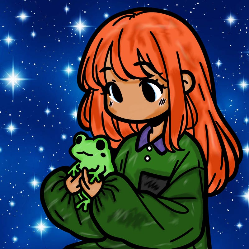 girl with long hair and a oversized shirt. and she is holding a frog