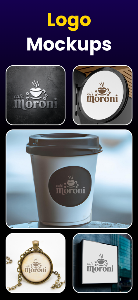 Arvine AI Logo Maker & Creator - Professional logo mockups for a cafe brand displayed on signage and coffee cups