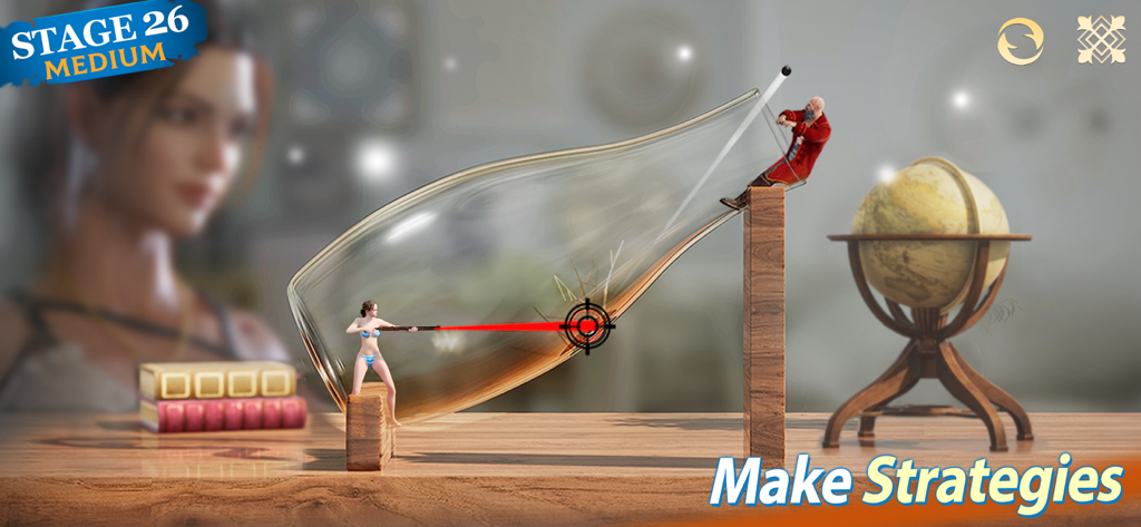 Strategic shooting puzzle level in Stormshot Isle of Adventure showing bullet trajectory through a glass bottle