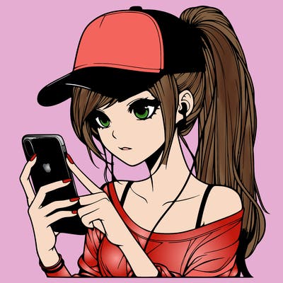 realistic girl with a long ponytail and trucker hat holding an iphone