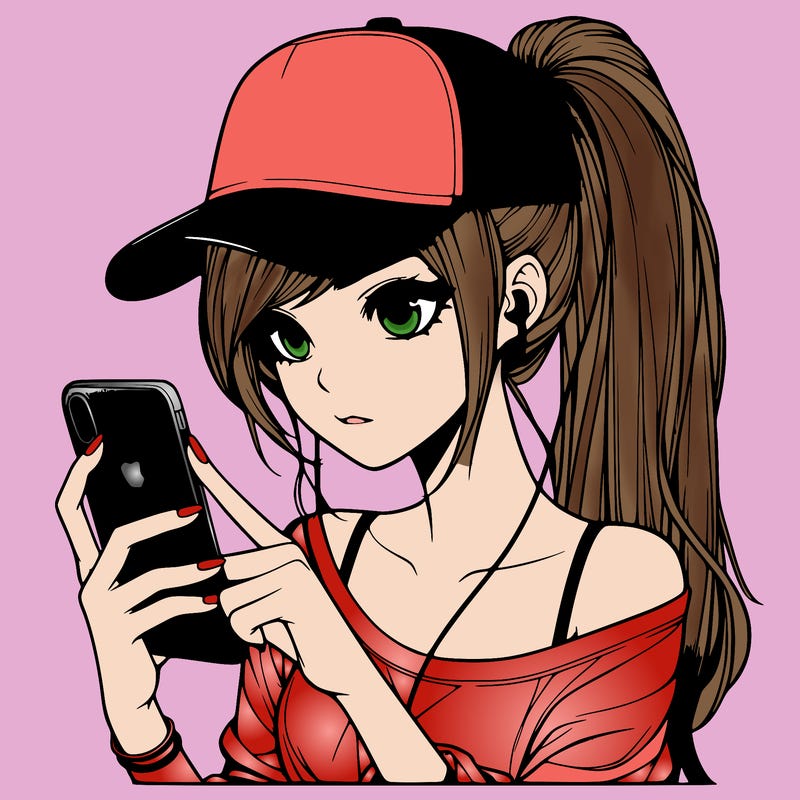 realistic girl with a long ponytail and trucker hat holding an iphone