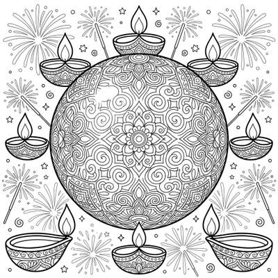 Discover a one-of-a-kind coloring experience with our Ball Lightning x Diwali design, blending cosmic mystery with festive illumination. This intricate page features a radiant, mandala-like sphere surrounded by traditional diyas and sparkling fireworks, ready for your artistic touch.