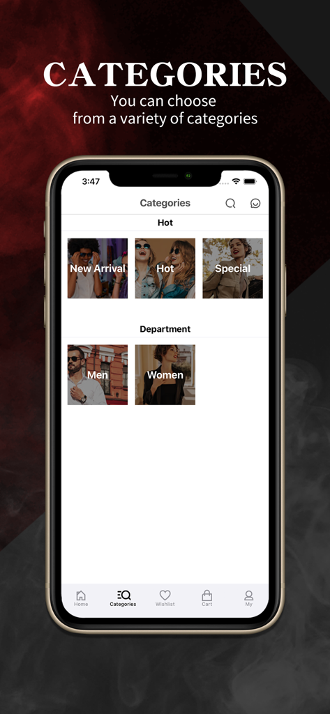 Tela de categorias do aplicativo Jersey Online mostrando seções para itens populares e departamentos de compras para homens e mulheres.