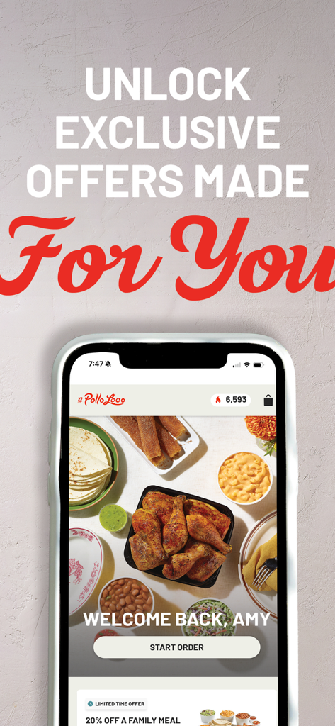 El Pollo Loco app home screen showing exclusive offers and rewards for members.