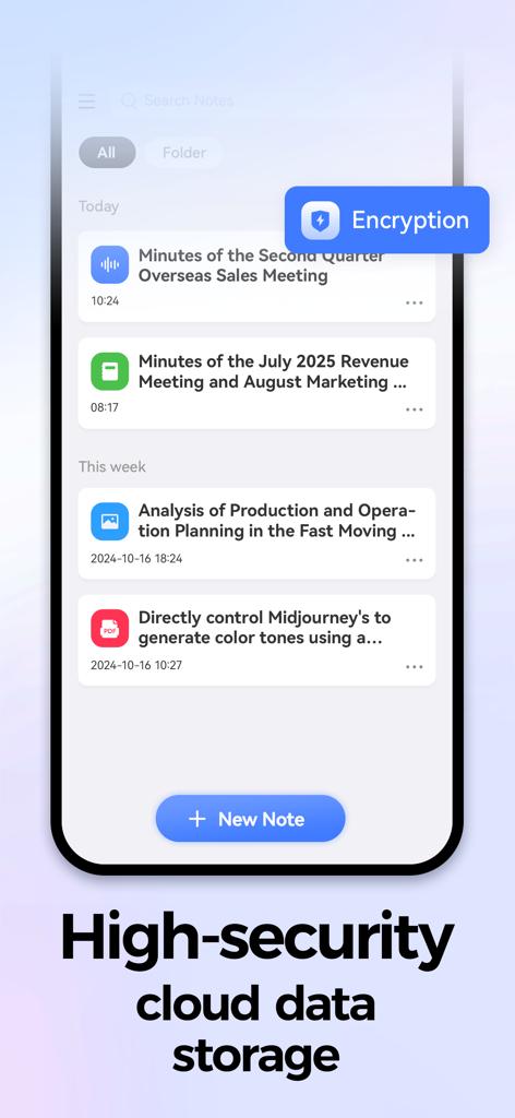 AIgo: AI Meeting Note Taker - Interface do aplicativo AIgo mostrando uma lista de notas de reunião criptografadas e confirmação de armazenamento de dados na nuvem.