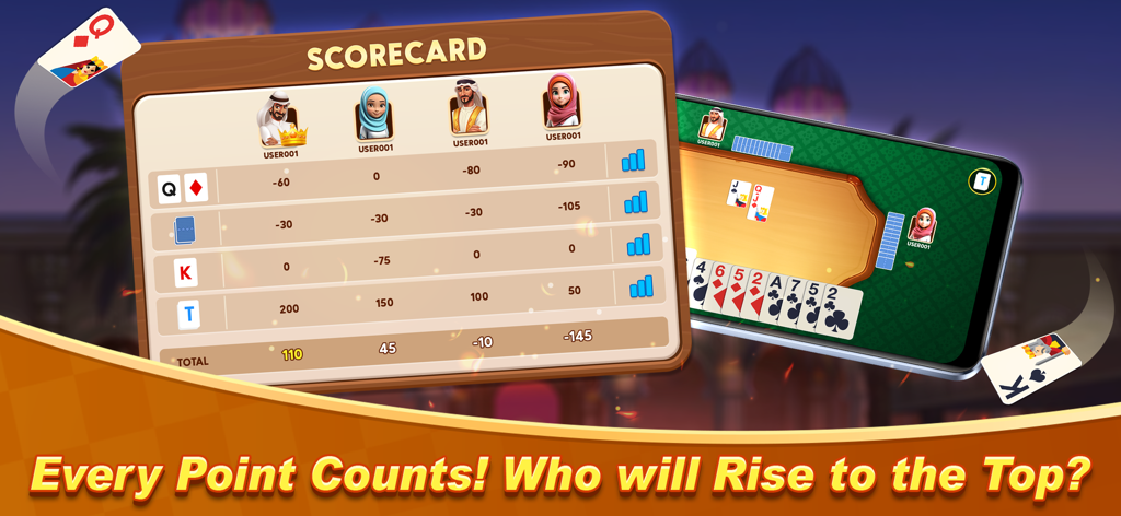 Trix card game scoreboard and mobile gameplay screen