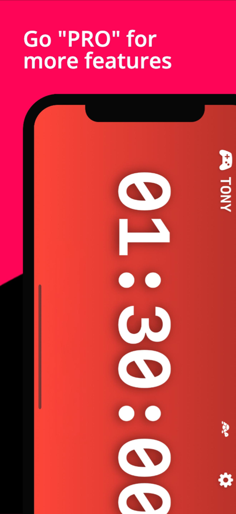- Game Timer - - Game Timer app interface showing pro features and customizable countdown
