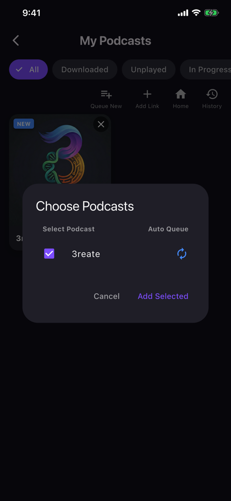 YourPods - YourPods app showing a pop-up menu to select podcasts and enable auto-queue settings.