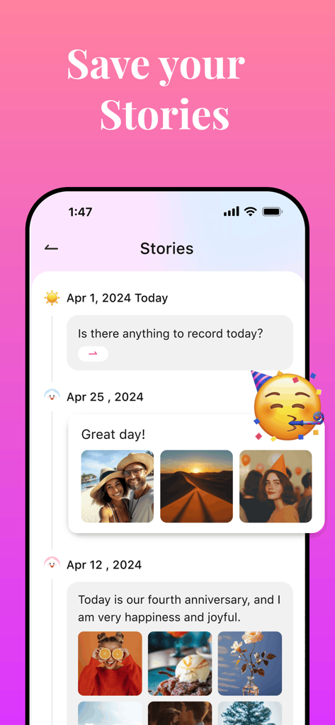 My Love ~ Relationship Tracker - A digital timeline interface within the My Love app showing saved relationship stories with photos and diary entries.