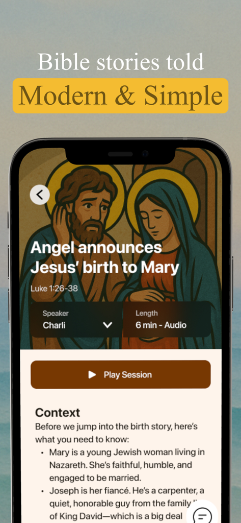 Bible Bff-Modern Bible Stories - Bible BFF app interface showing an audio story session about the birth of Jesus.