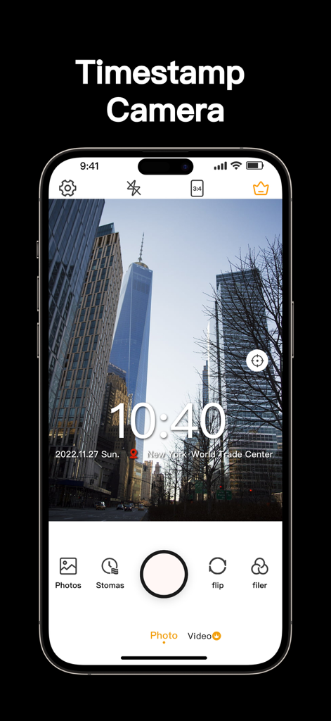 Timestamp Camera app interface displaying a photo with automatic date time and GPS location stamps