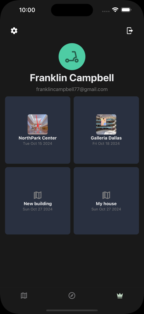 Map-in - The user profile dashboard of the Map-in app displaying saved indoor locations including malls and private buildings for quick navigation.