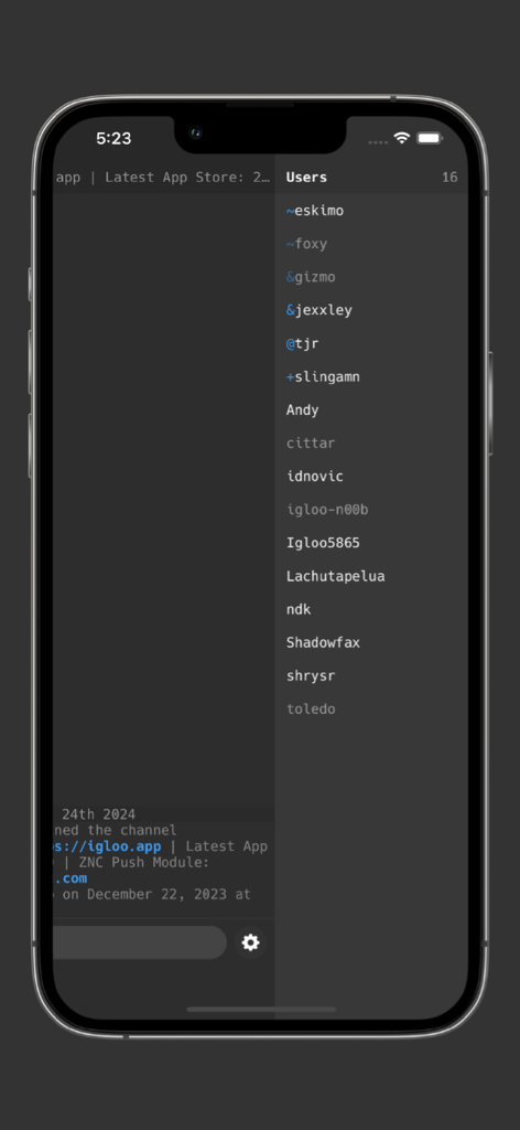 Igloo IRC client mobile interface showing a channel user list with status prefixes