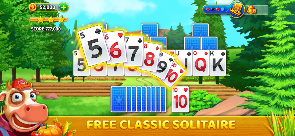 Gameplay of Solitaire Tripeaks Farm Trip featuring card sequences and a farm landscape background