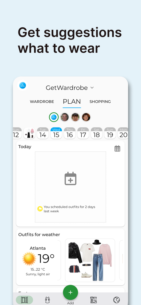 GetWardrobe Outfit Planner - Mobile app screen for planning outfits with a calendar and weather-based suggestions.