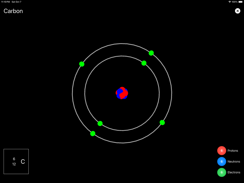 Chemistry Table: Learn+Explore - Un modelo de Bohr interactivo de un átomo de Carbono que muestra sus 6 protones, 6 neutrones y 6 electrones en capas sobre un fondo oscuro.