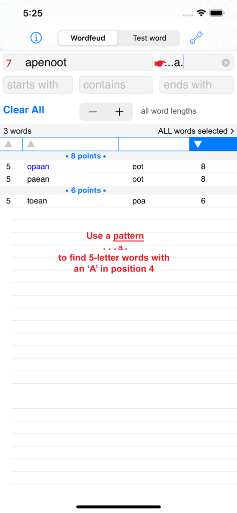 NL Woordvinder Wordfeud - NL Woordvinder app showing search results for words matching a specific letter pattern