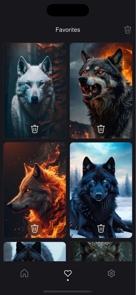 Lone Wolf Wallpapers 4K - Favorites screen in the Lone Wolf Wallpapers 4K app displaying a collection of wolf backgrounds including fire and ice themes