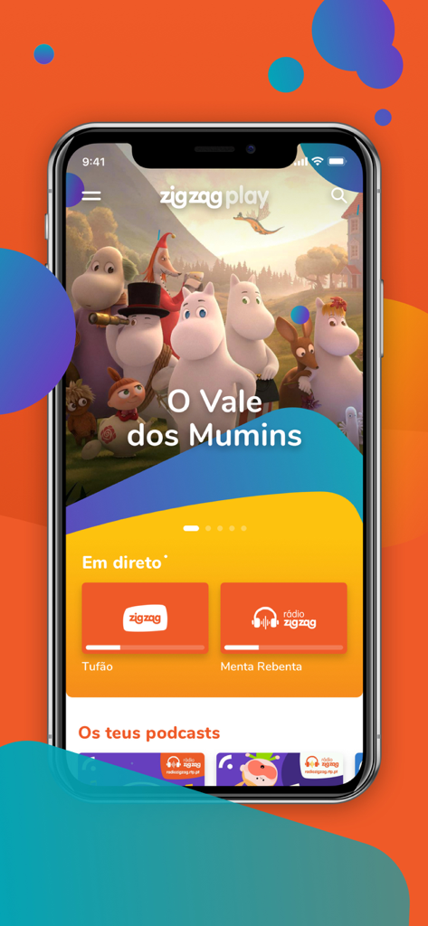 RTP Zig Zag Play - Interfaz de la aplicación RTP Zig Zag Play mostrando dibujos animados portugueses y radio en vivo para niños