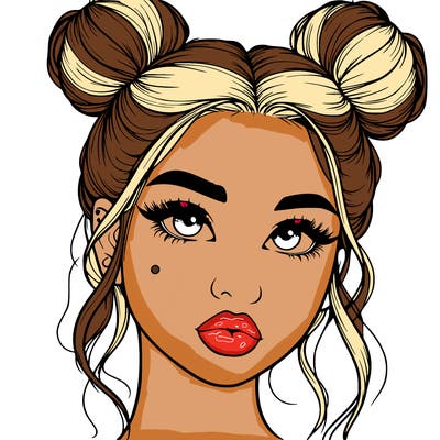 realistic girl with two buns on her hair and lips